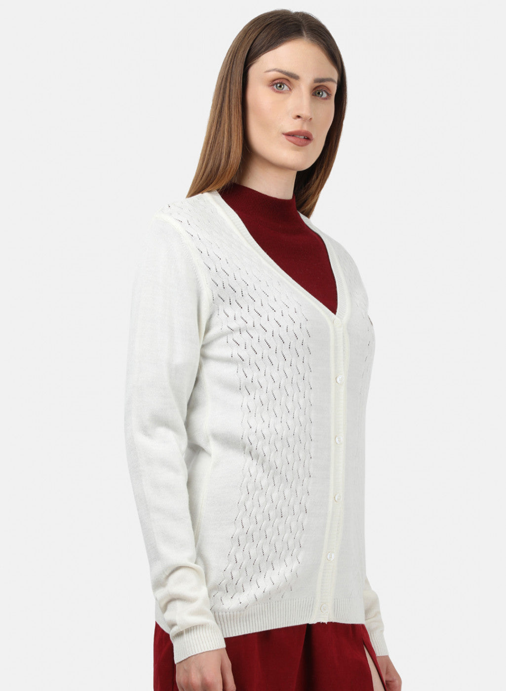 Women White Self Design Cardigan