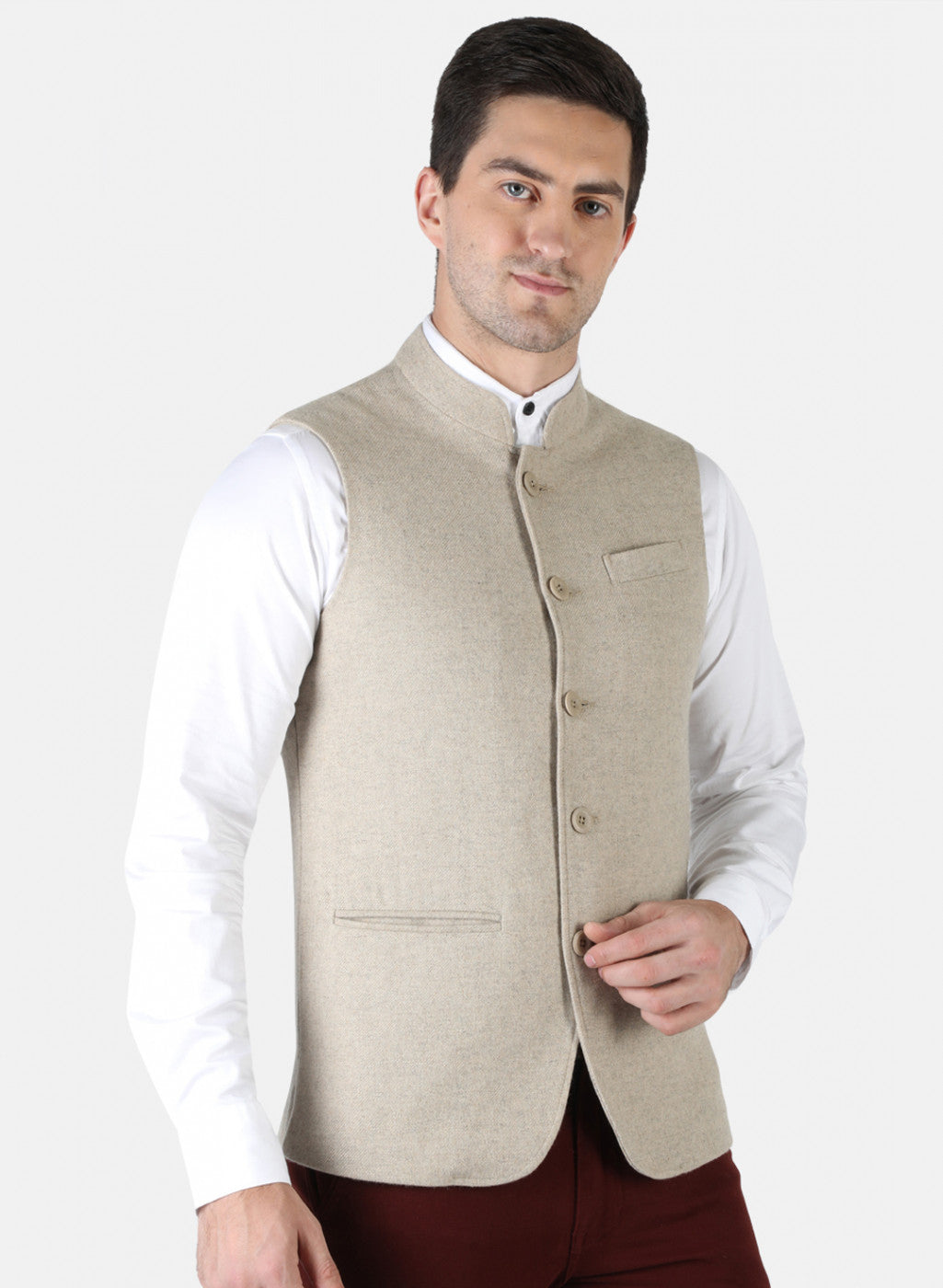 Men Beige Plain Coat