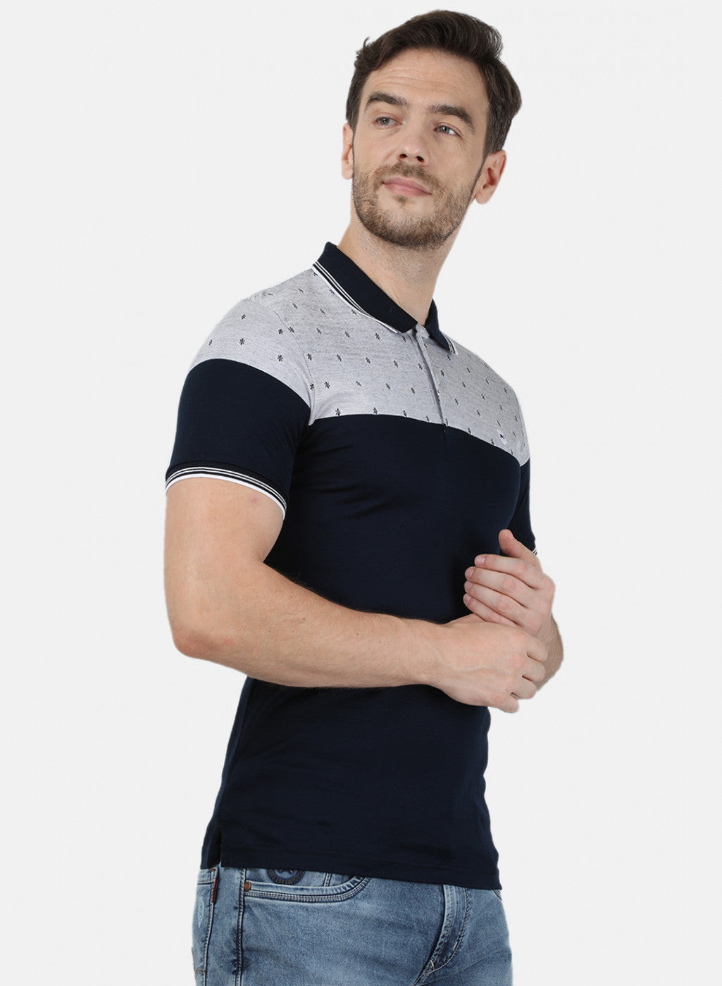 Mens NAvy Blue Jaquard Collar T-Shirts