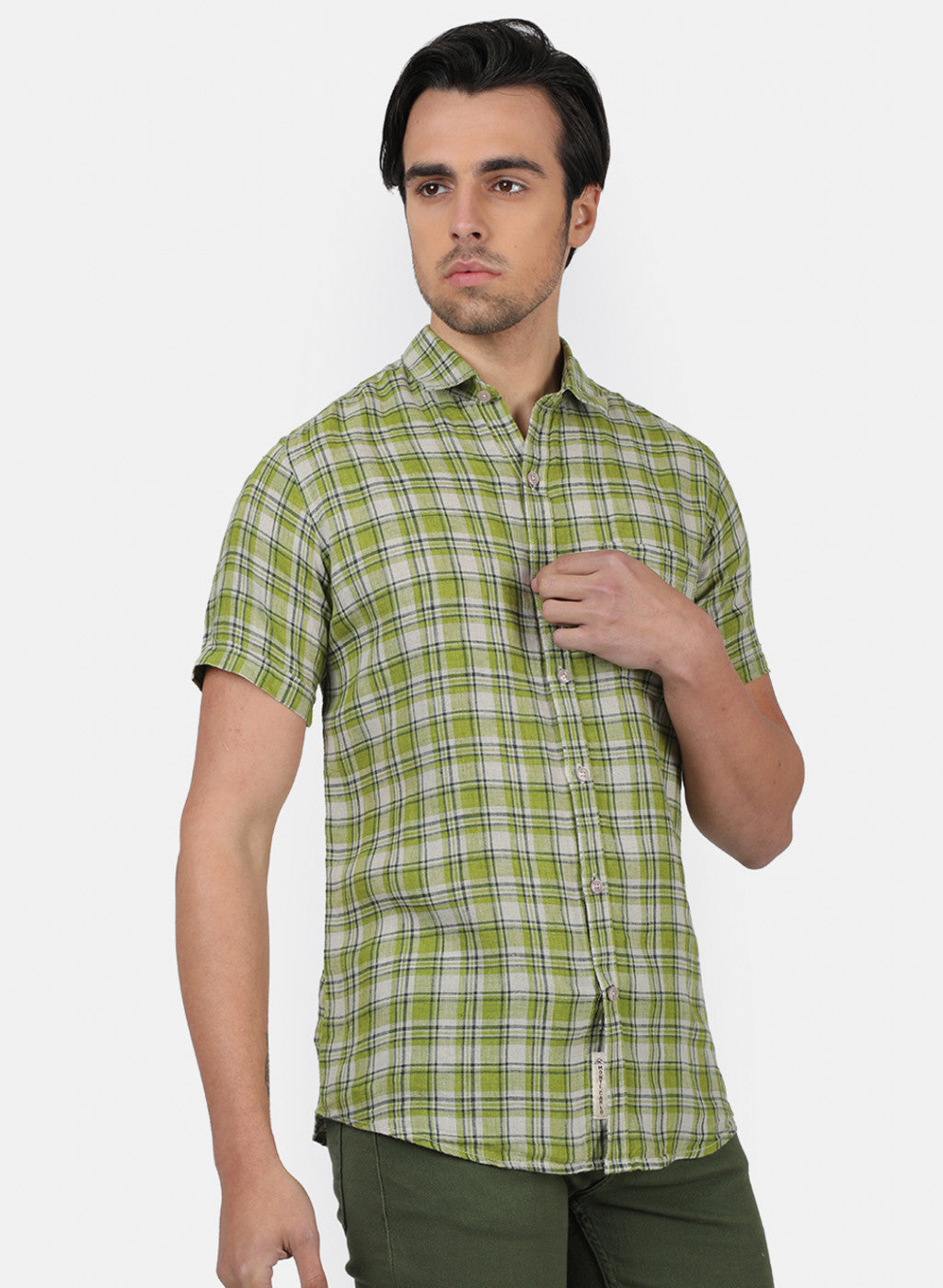 Men Olive Check Linen Shirt