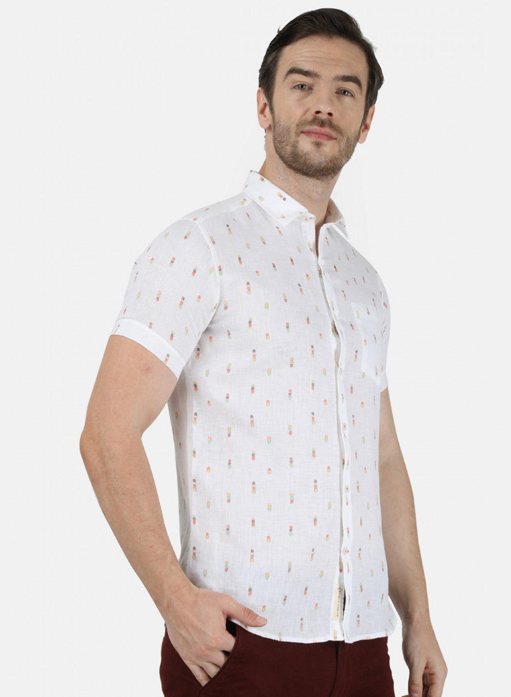 Mens White Printed Linen Shirt