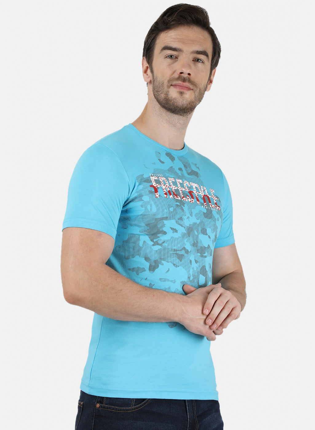 Mens Blue & Off White Printed T-Shirt
