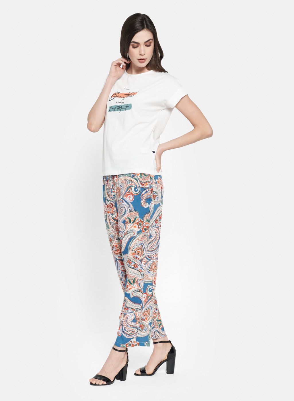 Womens Cream & Blue Printed Palazzo Set