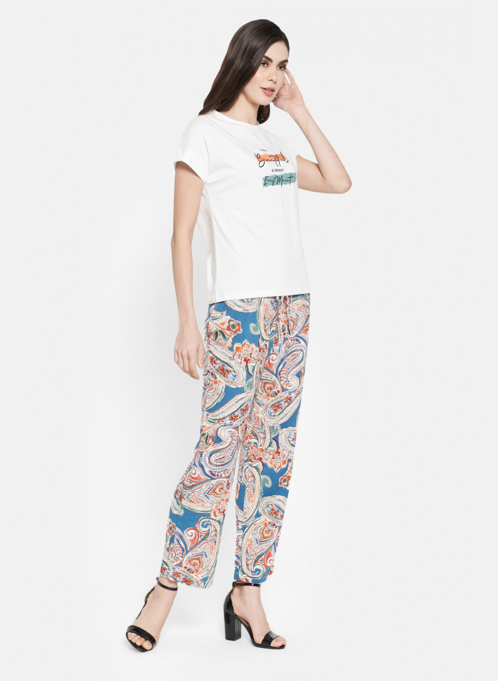 Womens Cream & Blue Printed Palazzo Set
