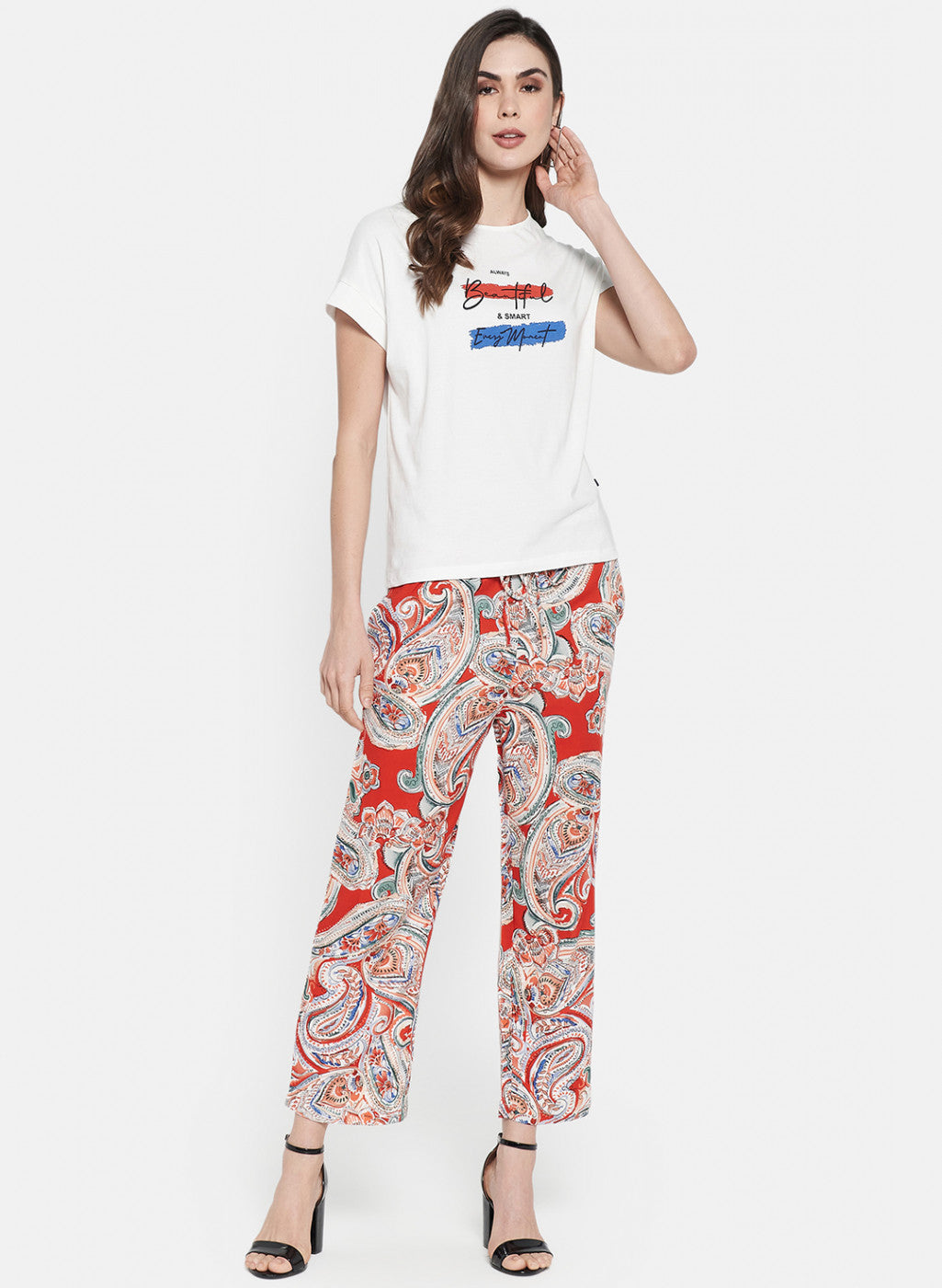 Womens Cream & Orange Printed Palazzo Set