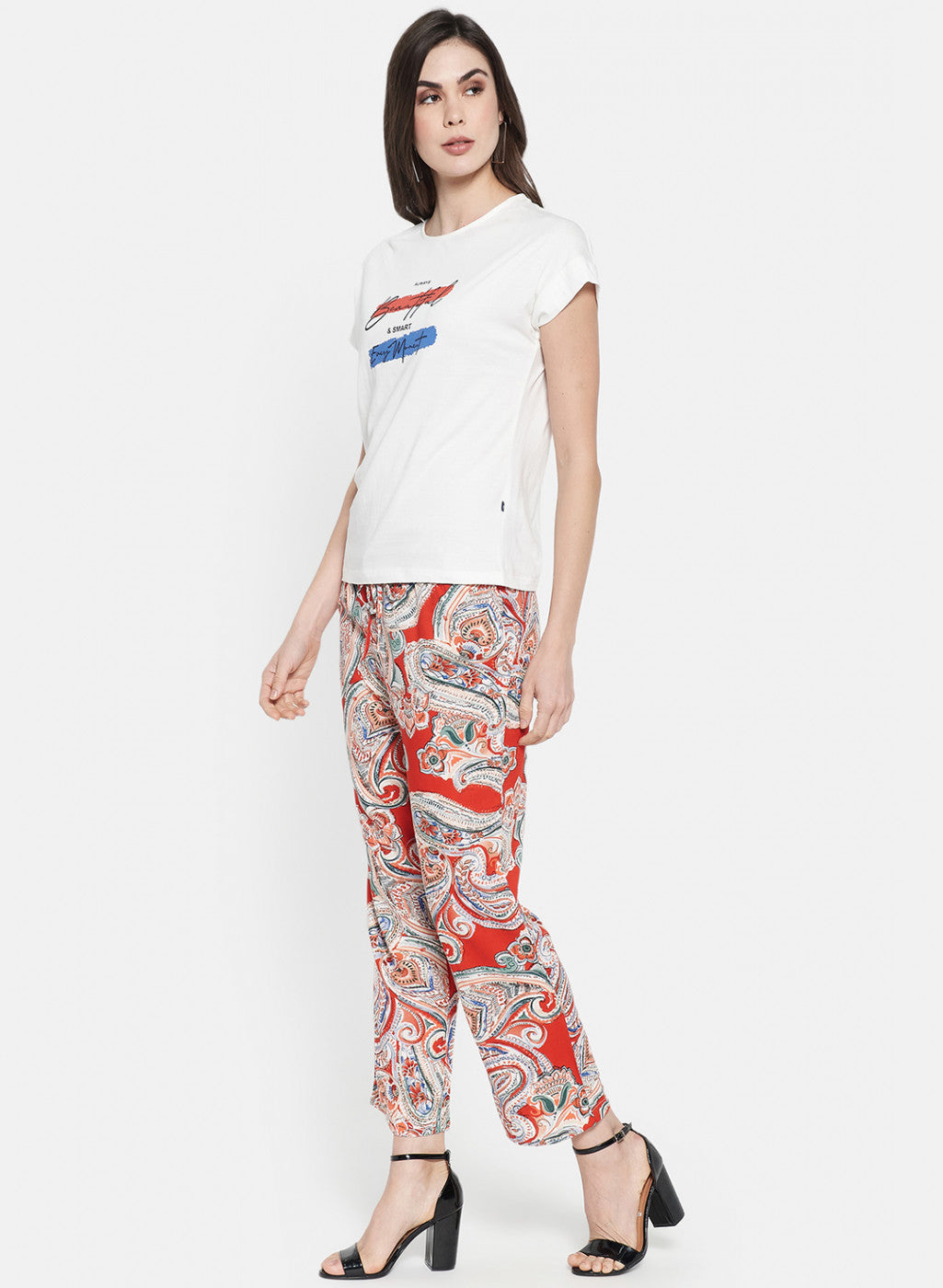 Womens Cream & Orange Printed Palazzo Set