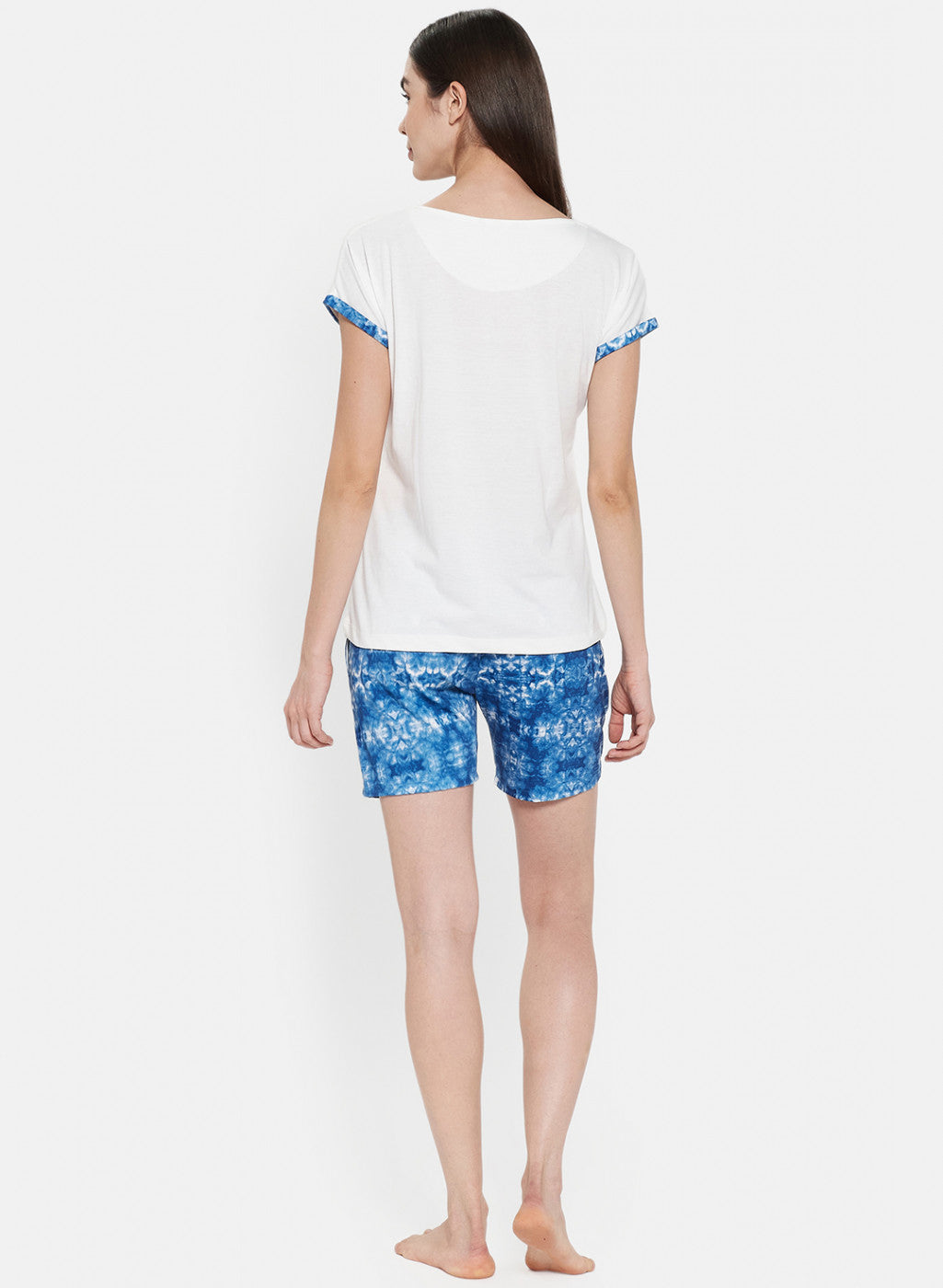 Womens Off White & Blue Printed Short Set