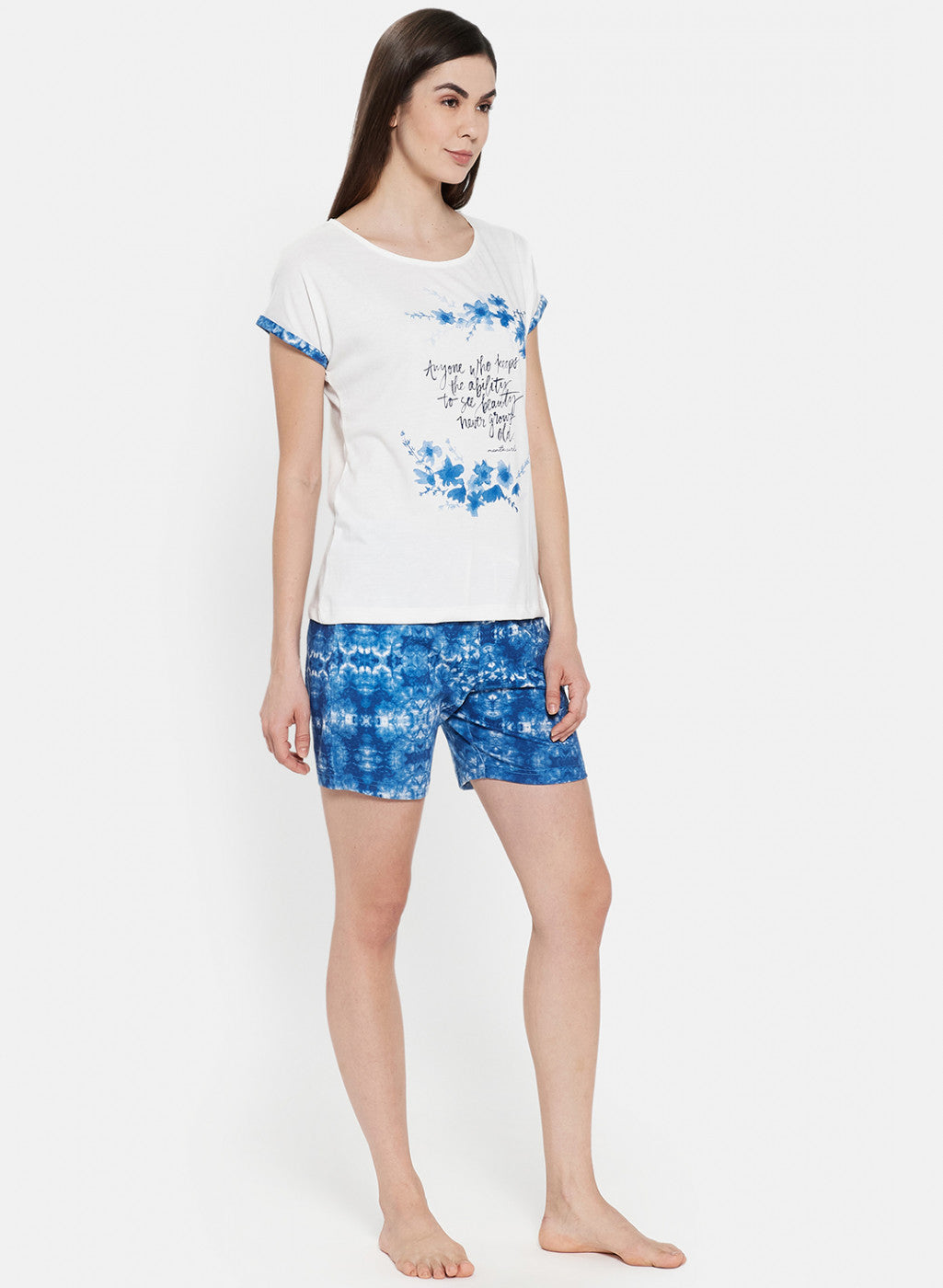 Womens Off White & Blue Printed Short Set