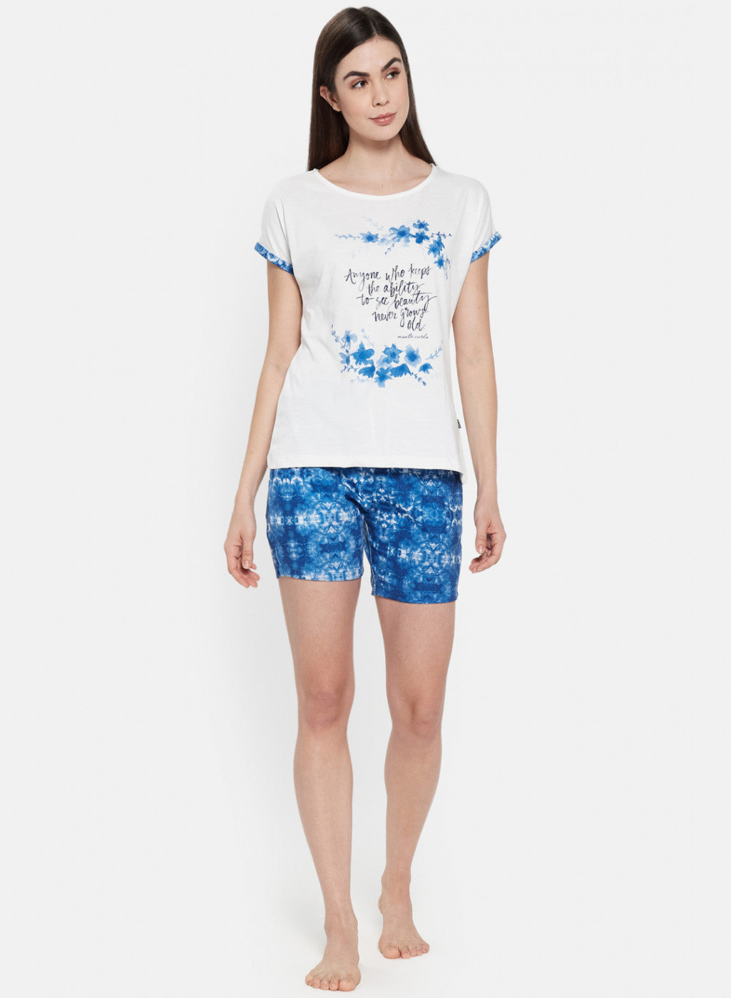 Womens Off White & Blue Printed Short Set