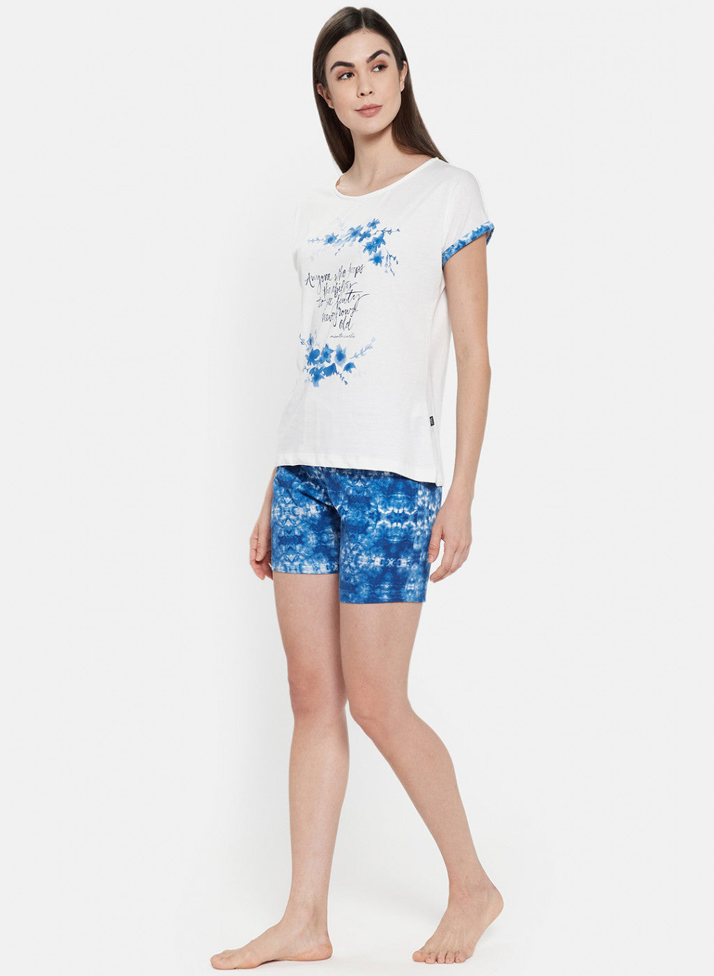 Womens Off White & Blue Printed Short Set