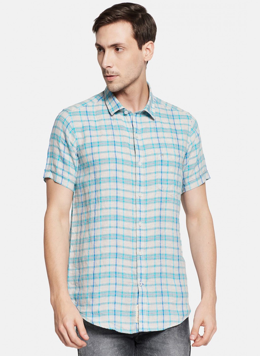 Mens Blue Check Linen Shirt