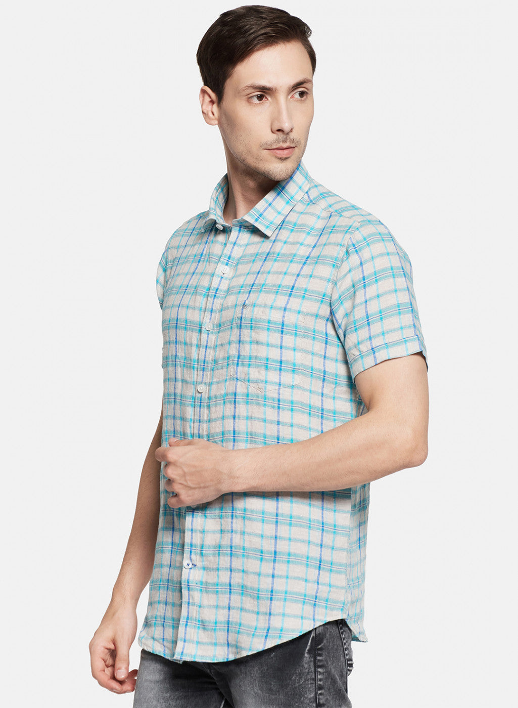 Mens Blue Check Linen Shirt