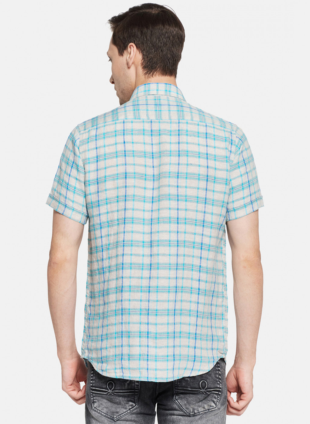 Mens Blue Check Linen Shirt