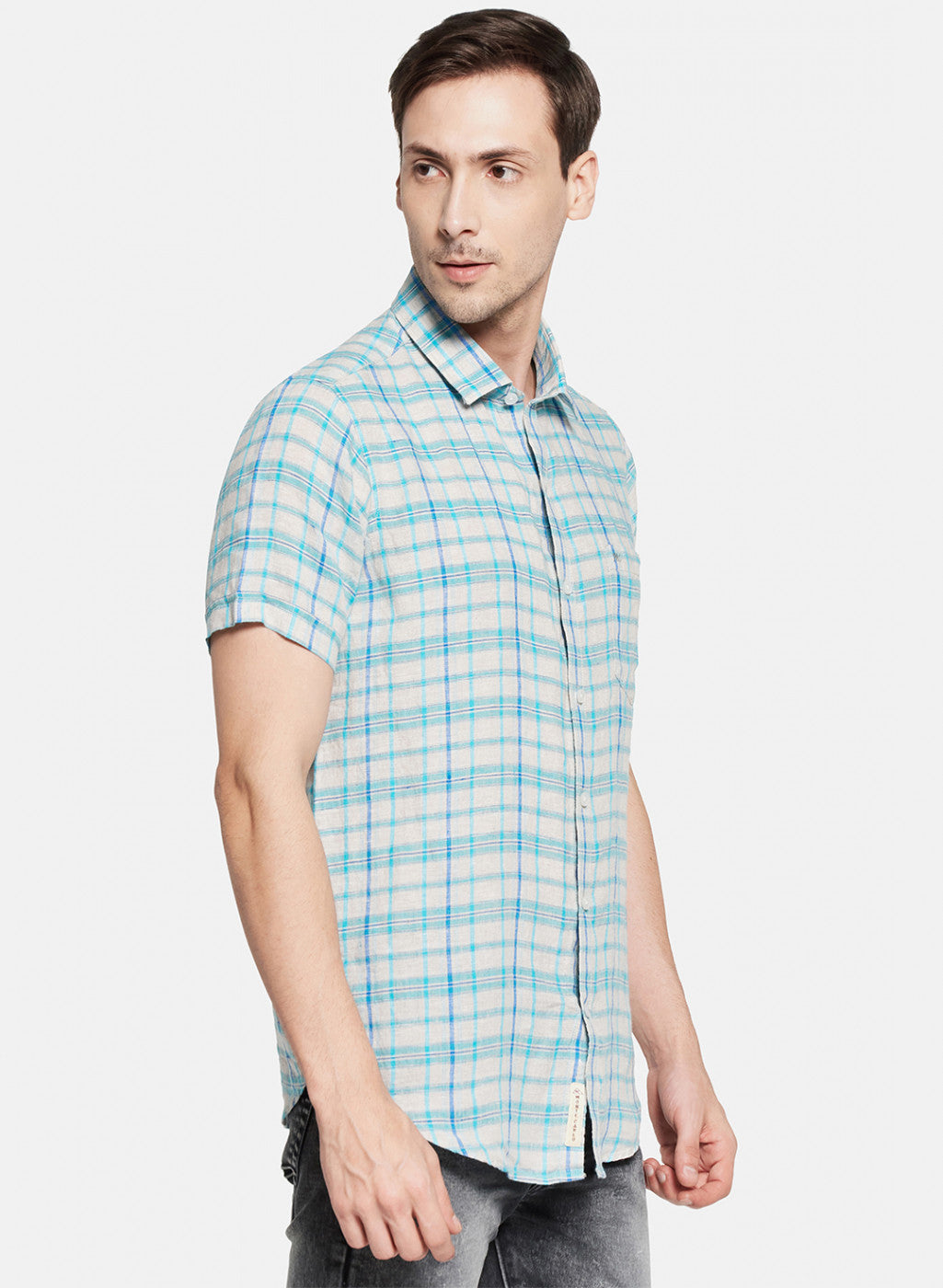 Mens Blue Check Linen Shirt