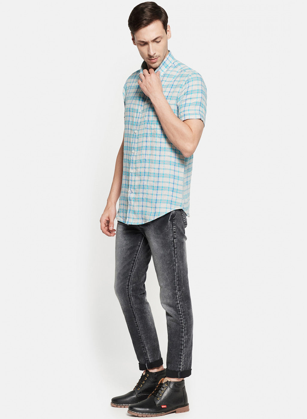 Mens Blue Check Linen Shirt