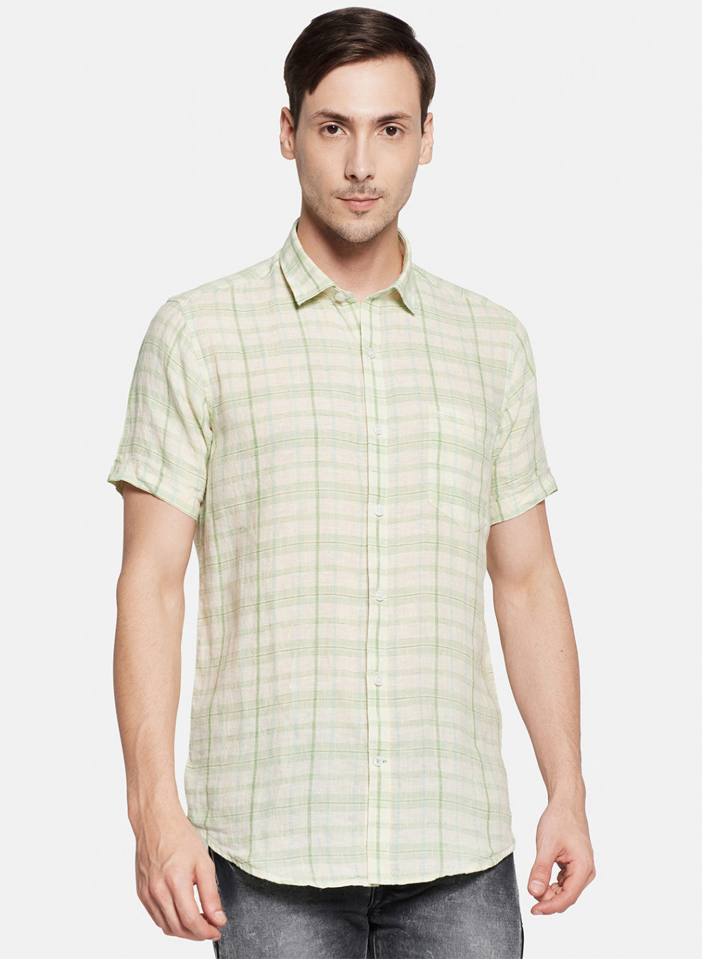 Mens Light Green Check Linen Shirt