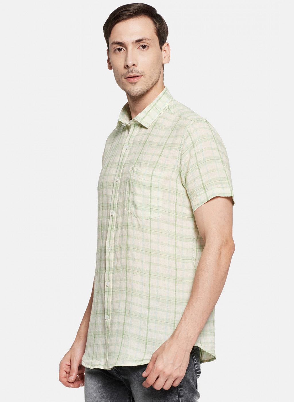Mens Light Green Check Linen Shirt
