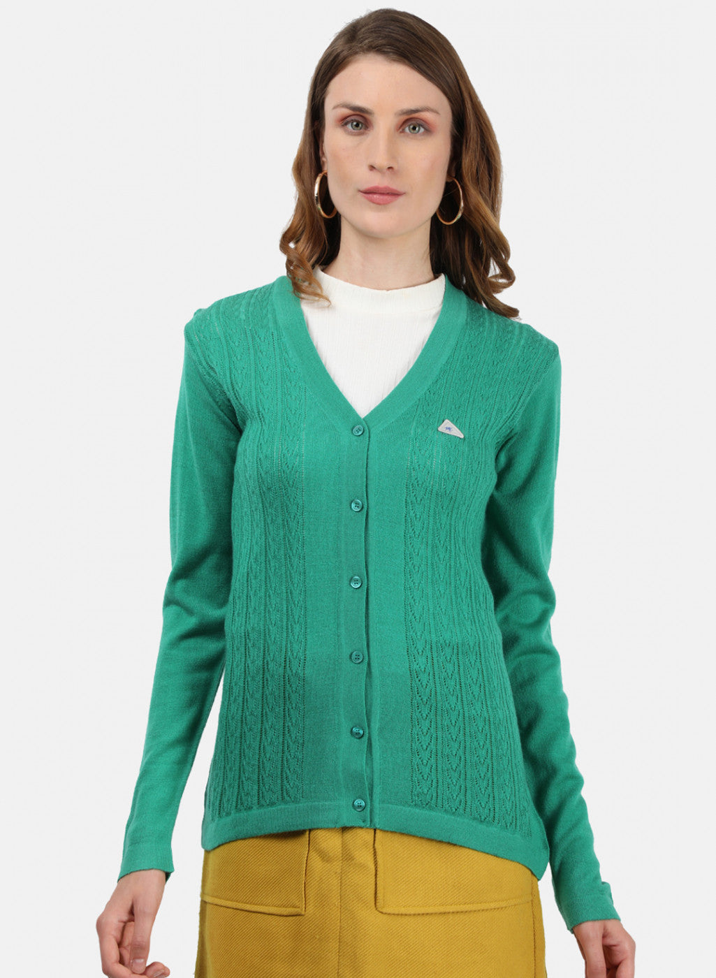 Women Green Self Cardigan