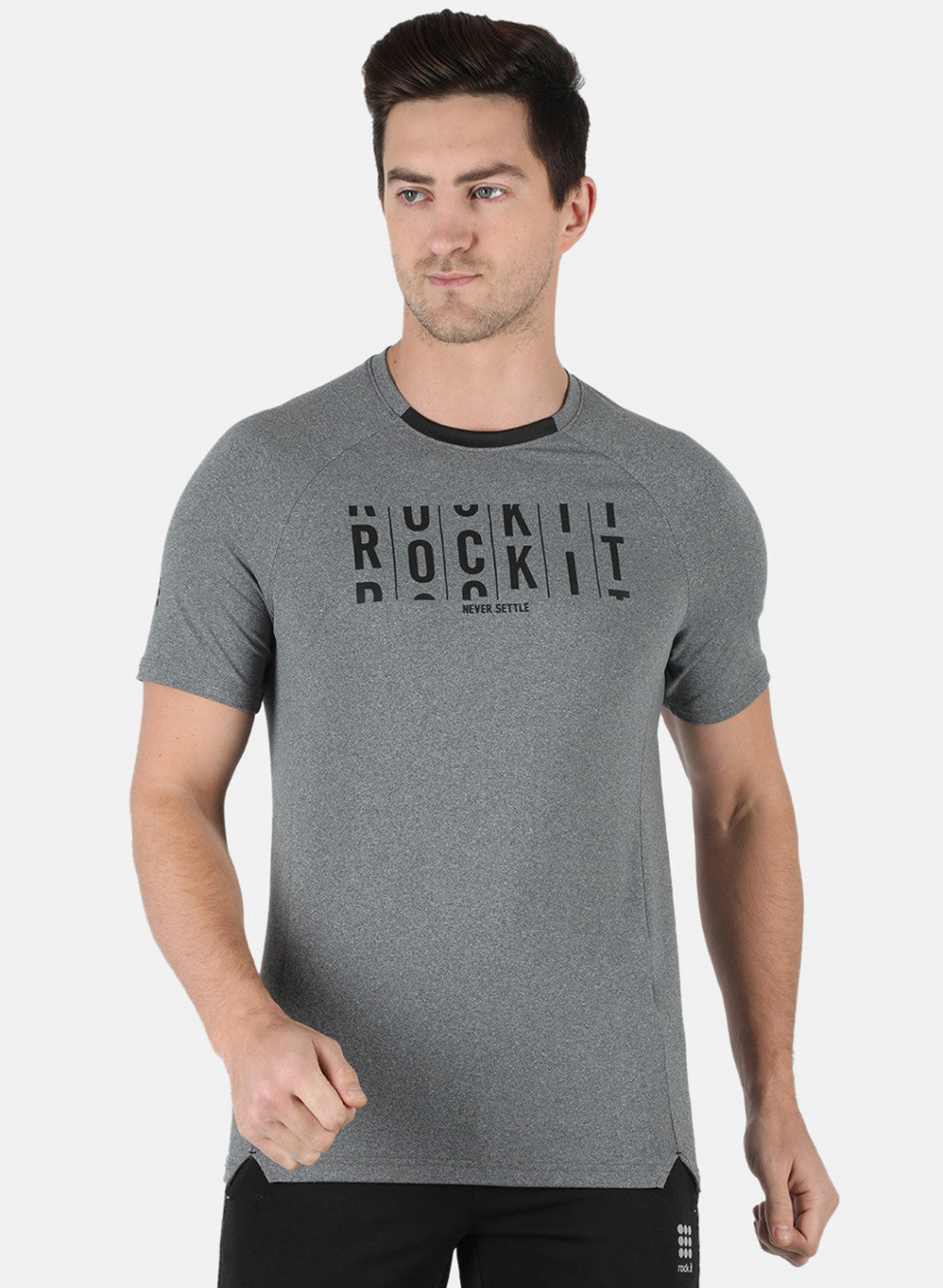 Rock.it Men Grey Self Design Round Neck T-Shirt