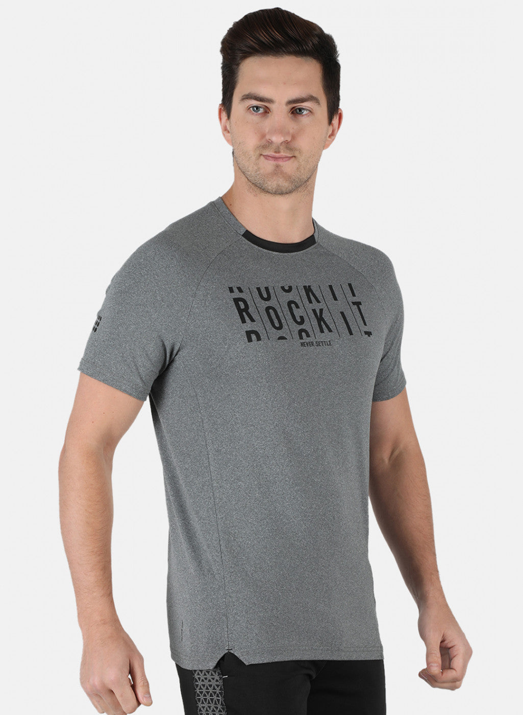 Men Grey Self Design Round Neck T-Shirt