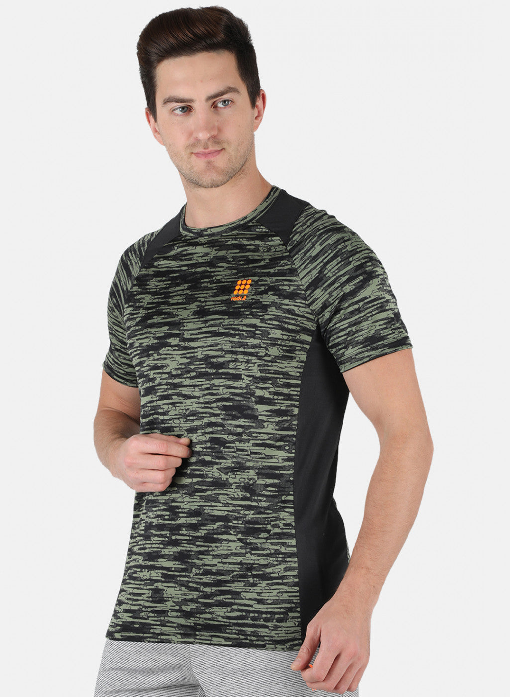 Men Olive Self Design Round Neck T-Shirt
