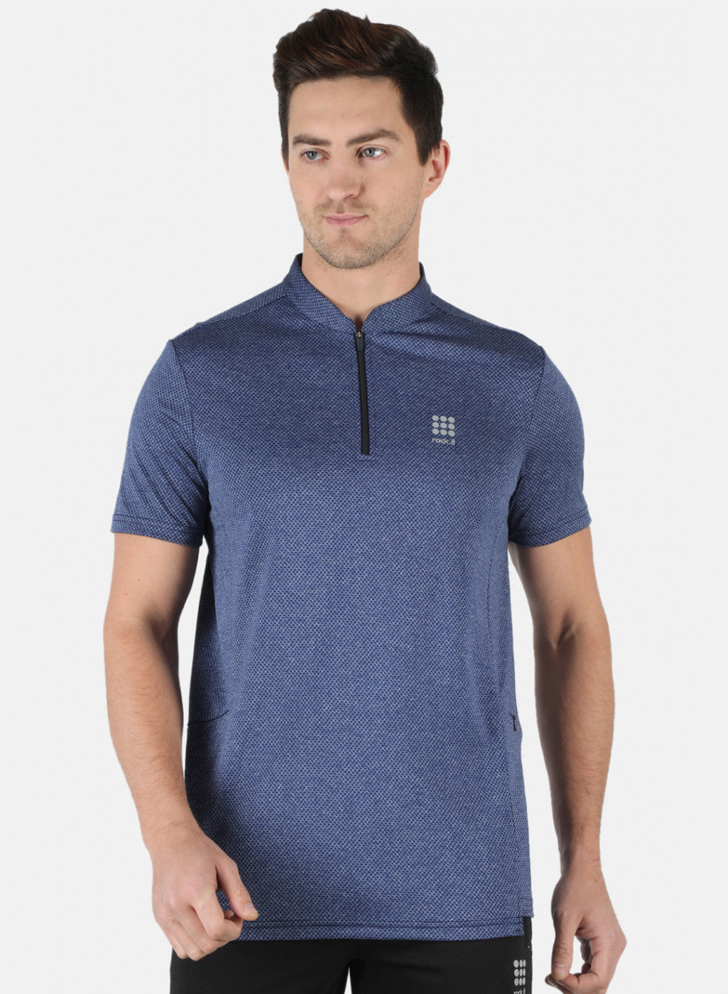 Rock.it Men Royal Blue Self Design Collar T-Shirt