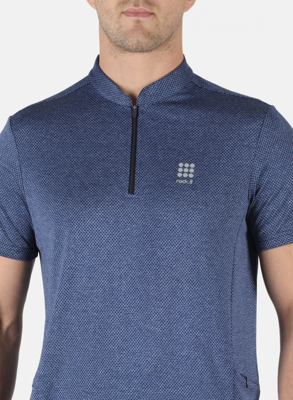 Rock.it Men Royal Blue Self Design Collar T-Shirt