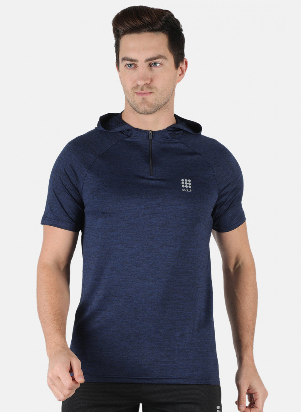 Rock.it Men Navy Blue Self Design Hooded T-Shirt