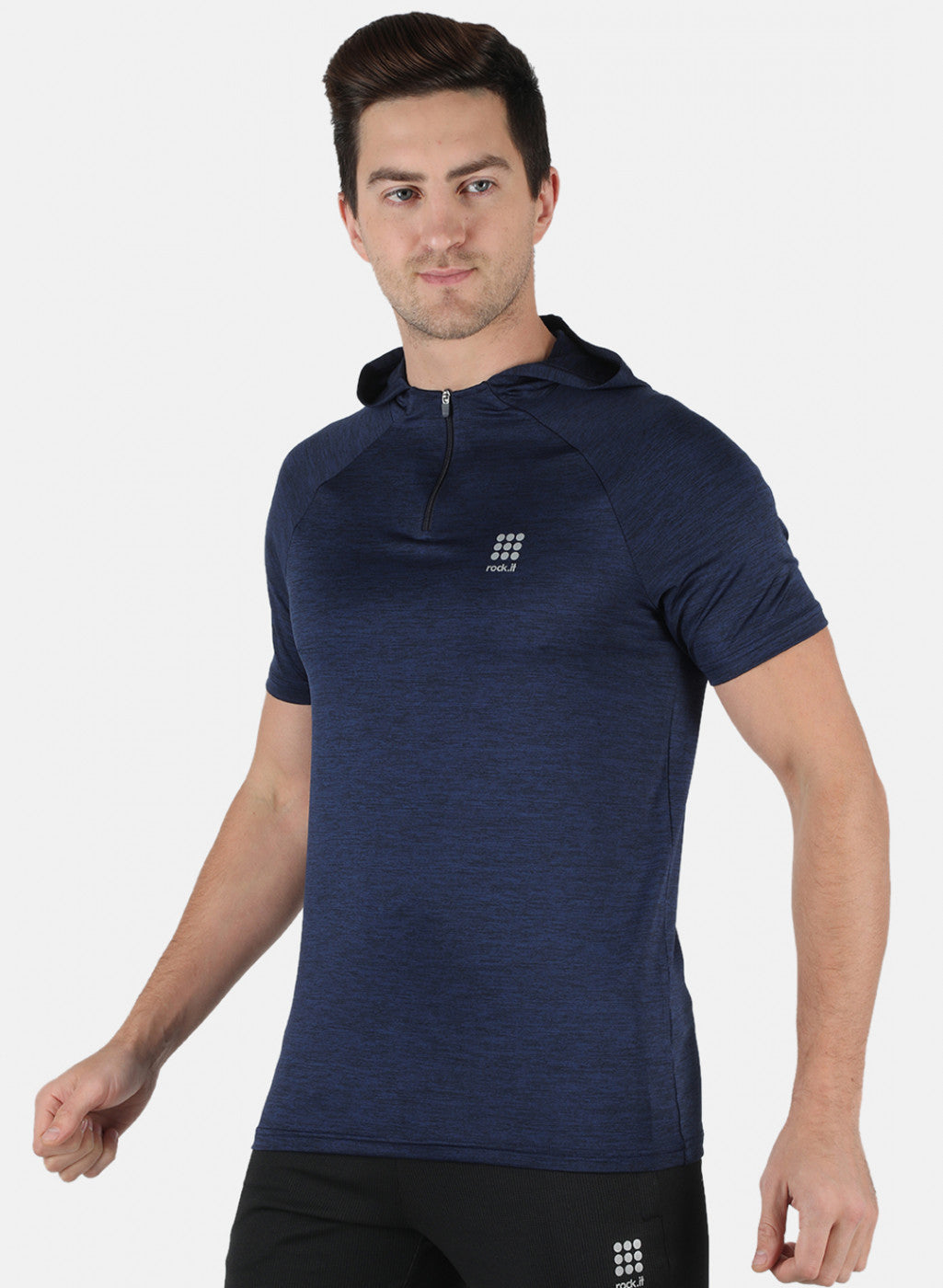 Rock.it Men Navy Blue Self Design Hooded T-Shirt