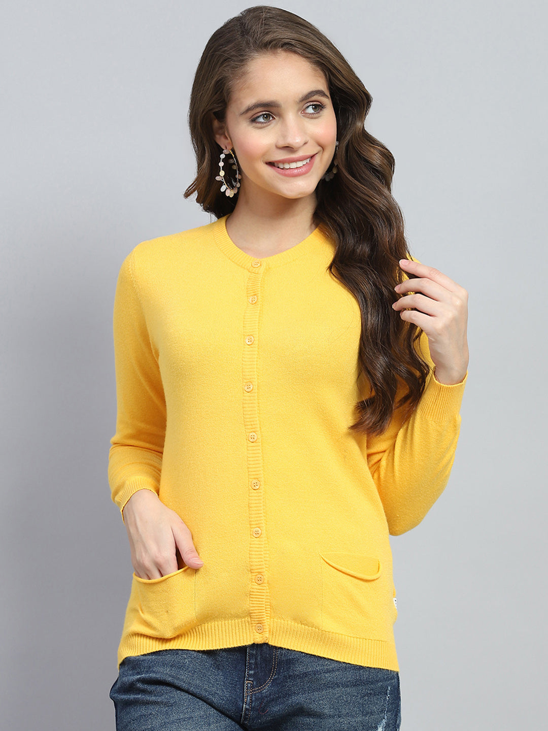 Women Yellow Solid Round Neck Full Sleeve Cardigan