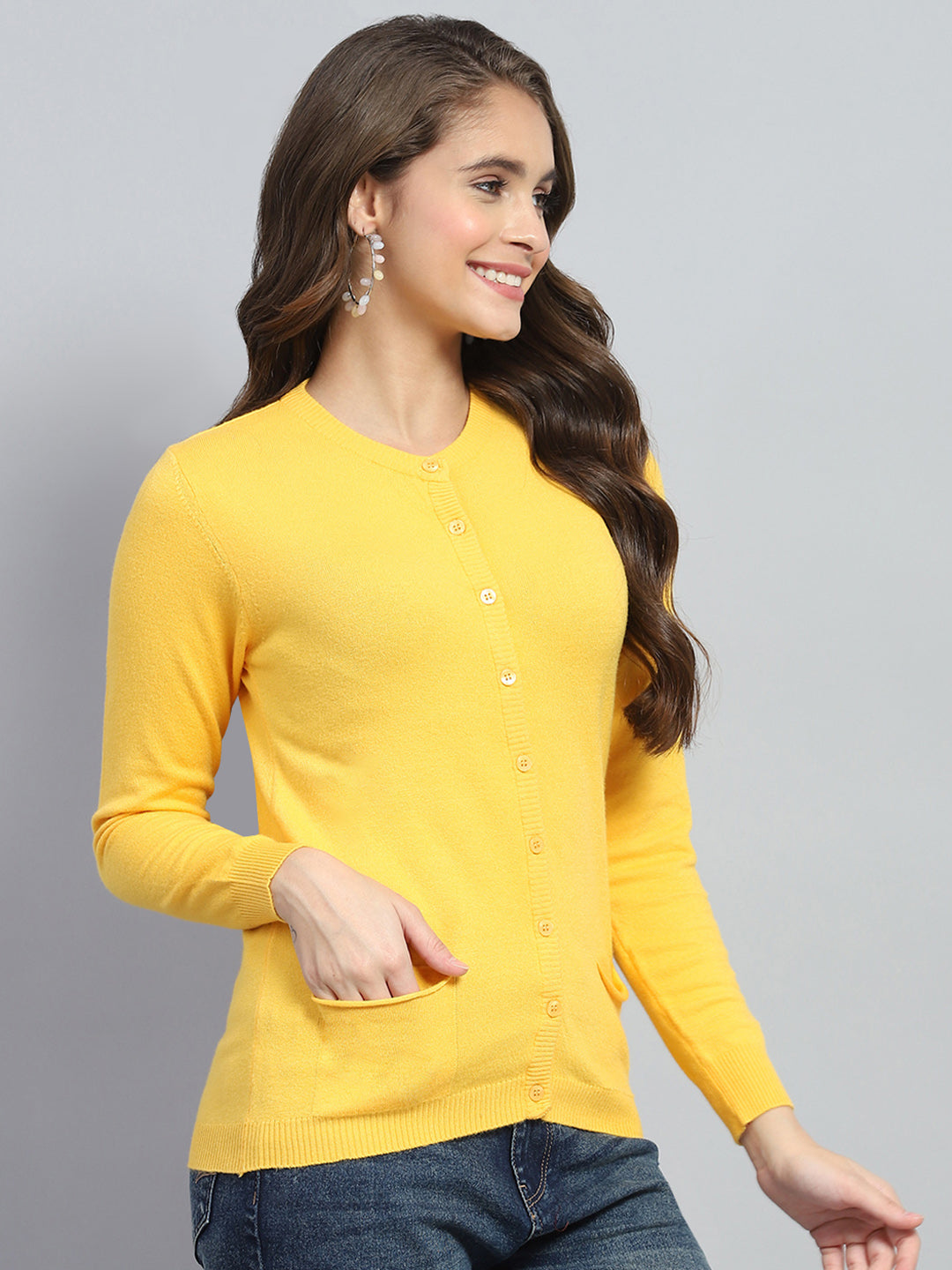 Women Yellow Solid Round Neck Full Sleeve Cardigan