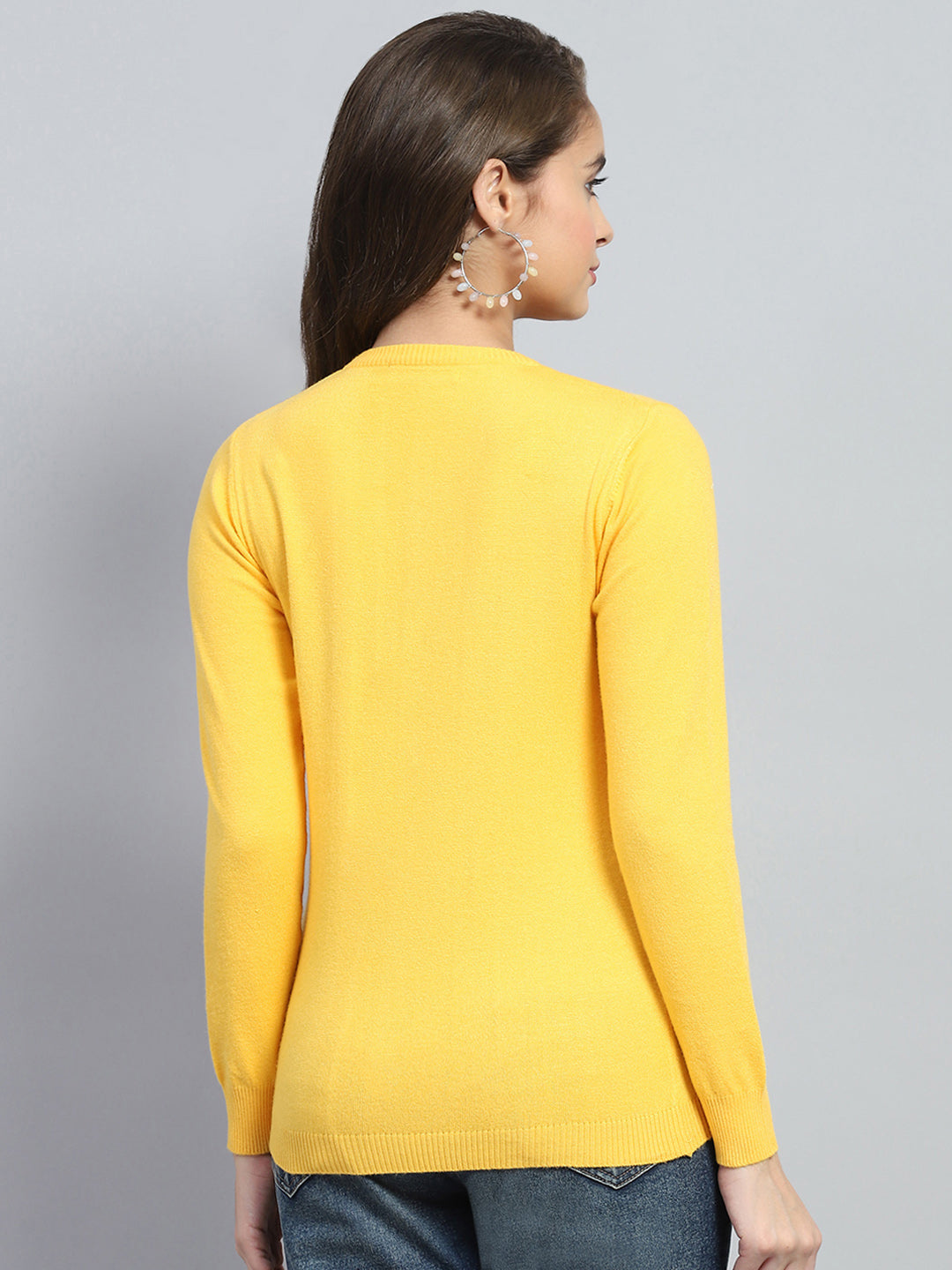 Women Yellow Solid Round Neck Full Sleeve Cardigan