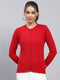 Women Red Solid Round Neck Full Sleeve Cardigan