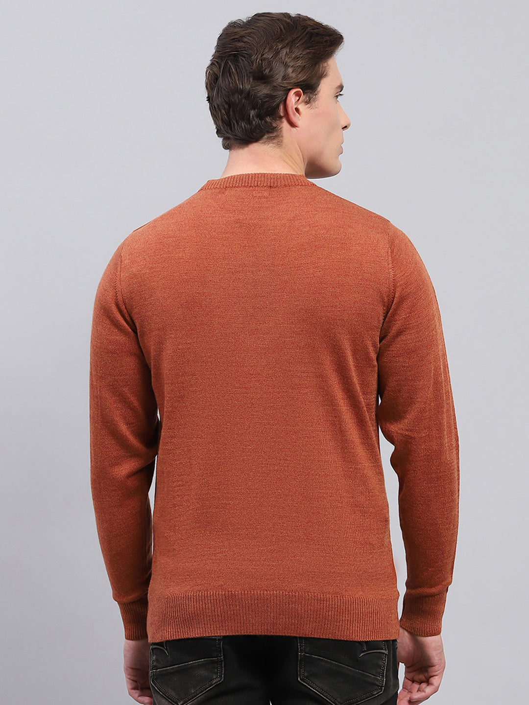 Men Rust Solid Round Neck Full Sleeve Pullover