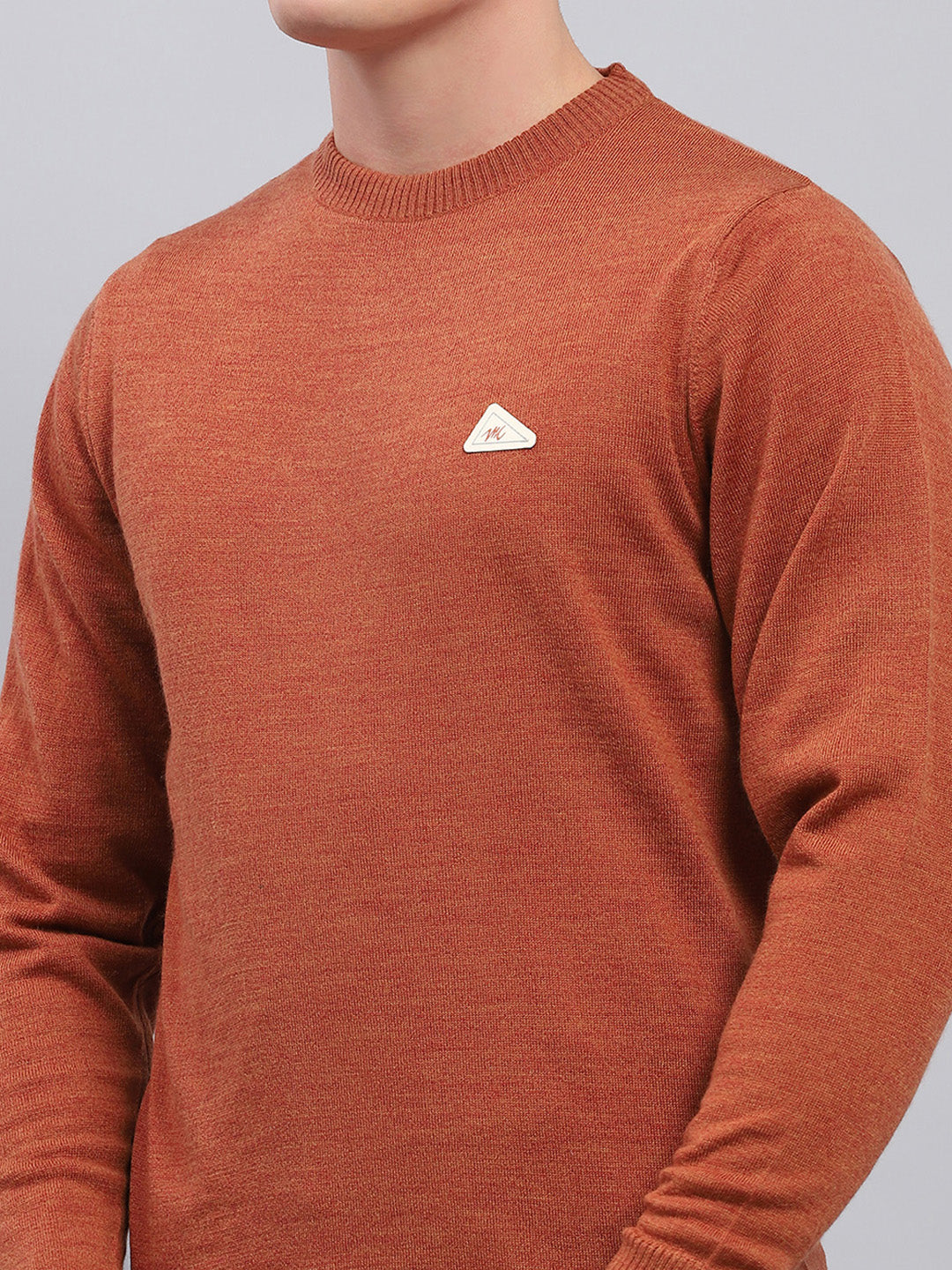 Men Rust Solid Round Neck Full Sleeve Pullover