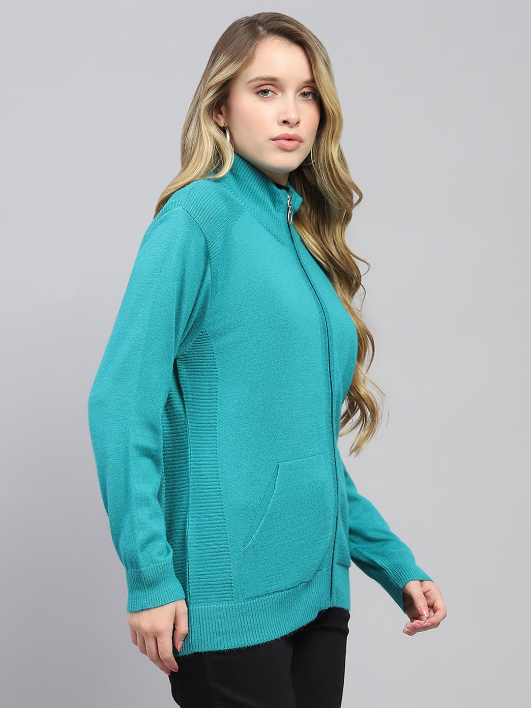 Buy Women Green Solid High Neck Full Sleeve Cardigan Online in