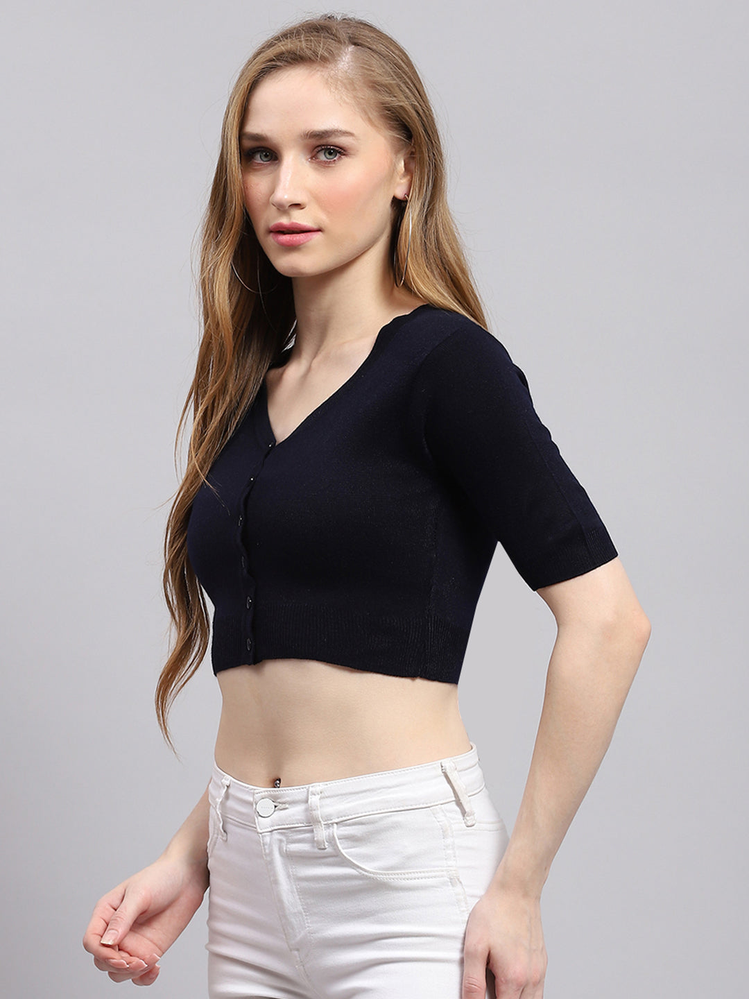 Women Navy Blue Solid V Neck Half Sleeve Blouse