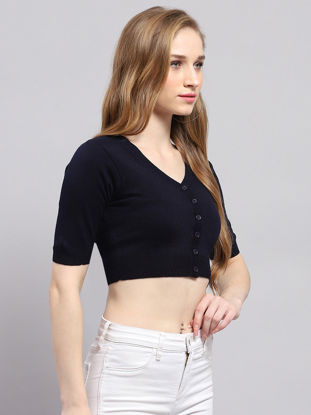 Women Navy Blue Solid V Neck Half Sleeve Blouse