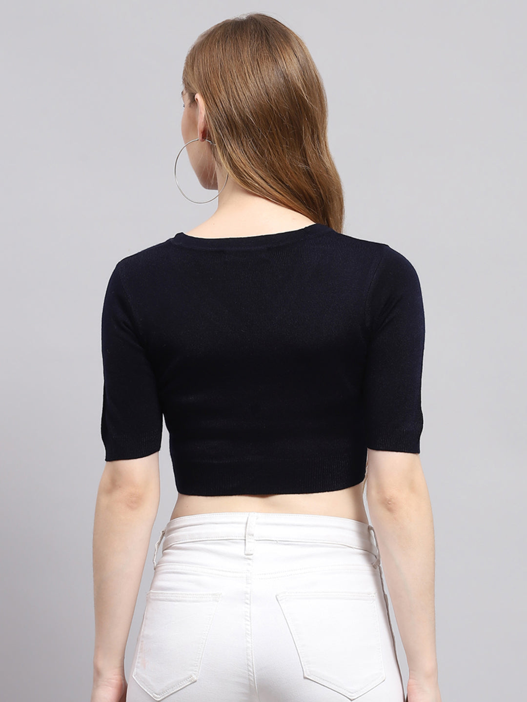 Women Navy Blue Solid V Neck Half Sleeve Blouse