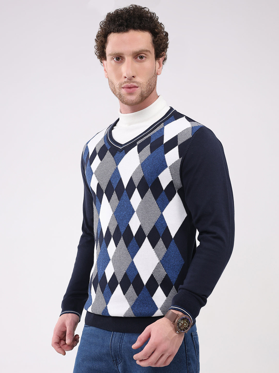 Men Navy Blue Solid V Neck Full Sleeve Pullover