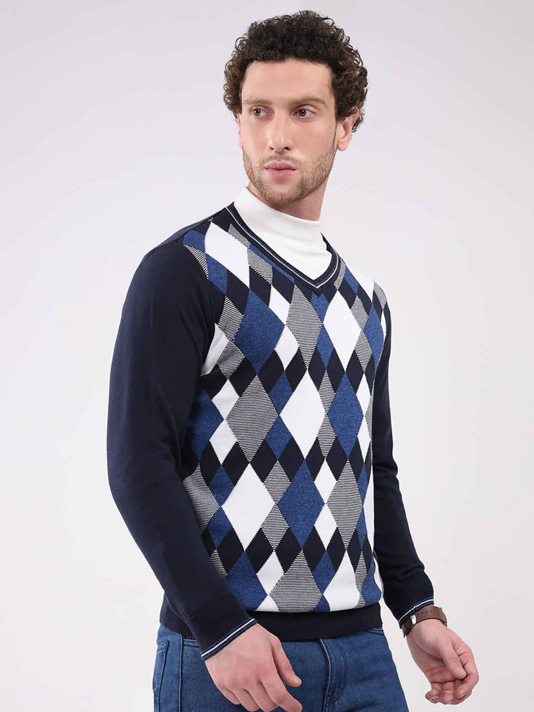 Men Navy Blue Solid V Neck Full Sleeve Pullover