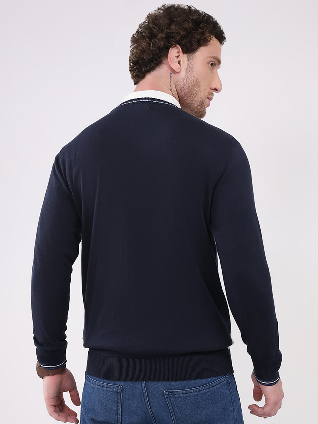 Men Navy Blue Solid V Neck Full Sleeve Pullover