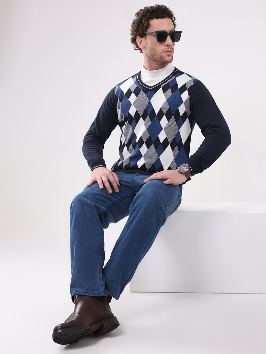 Men Navy Blue Solid V Neck Full Sleeve Pullover