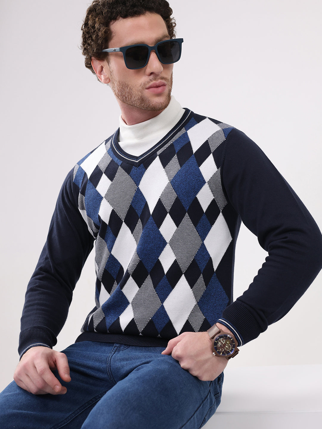 Men Navy Blue Solid V Neck Full Sleeve Pullover
