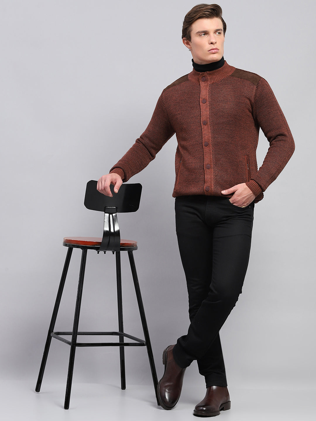 Men Brown Self Design High Neck Full Sleeve Pullover