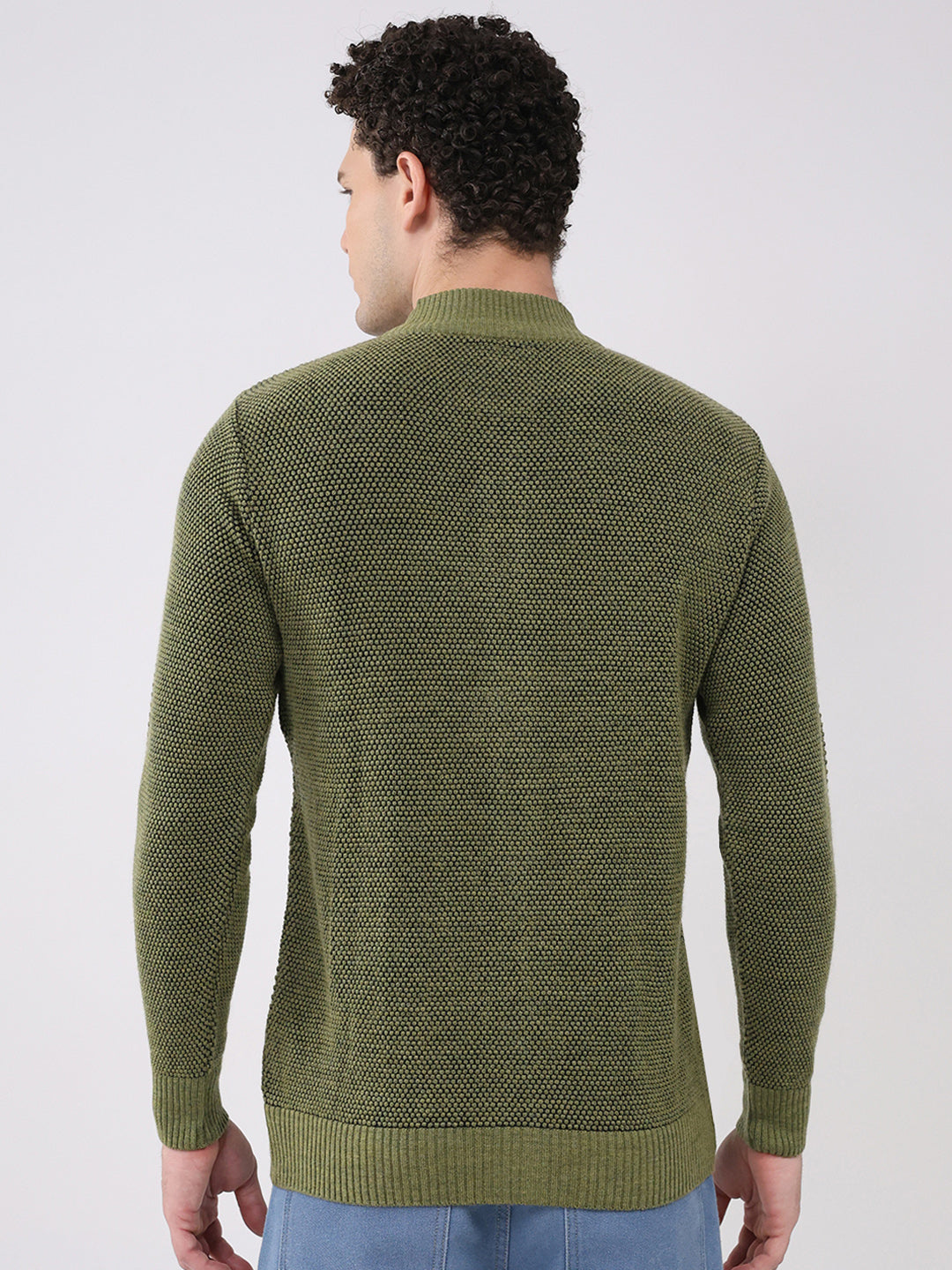 Men Green Solid Mock Neck Full Sleeve Pullover