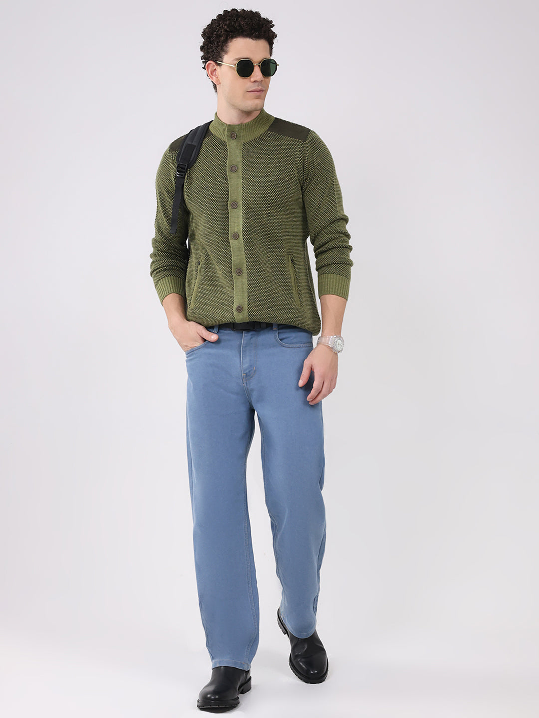 Men Green Solid Mock Neck Full Sleeve Pullover