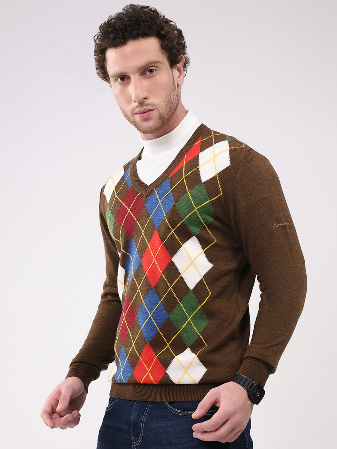 Men Brown Self Design V Neck Full Sleeve Pullover