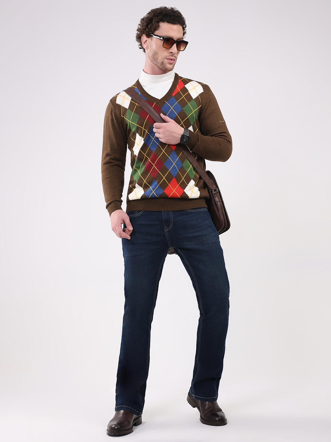 Men Brown Self Design V Neck Full Sleeve Pullover