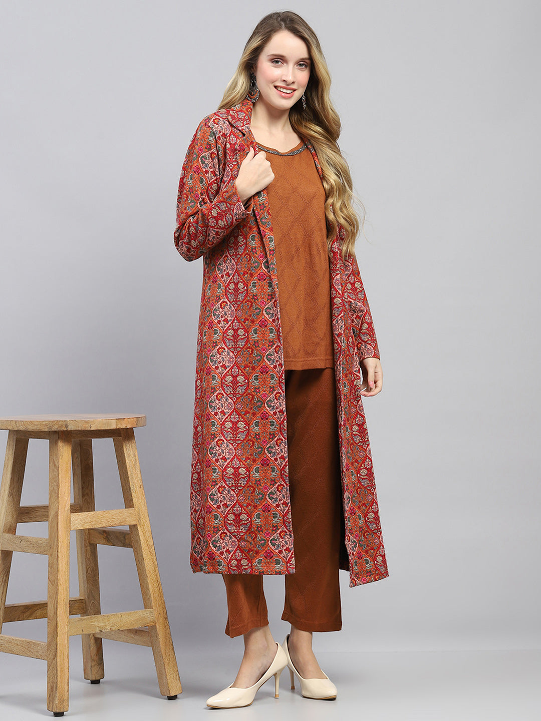 Women Rust Self Design Collar Full Sleeve 3 Pc set (Kurti+Shrug+Lower)